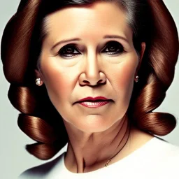 extrem realistic analog style photography of carrie fisher by Annie Leibovitz, soft ethereal skin, symmetrical short hairstyle,studio lighting, sharp brown eyes, dark plain background