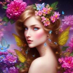 bright fairy, beautiful portrait, flowery landscape