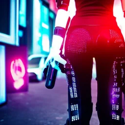 Half women half cyborg, butt shot redlight district, cyberpunk