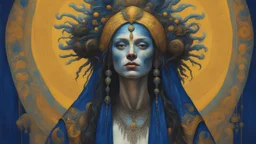 70s, woman wearing colorful Death day face paint., painting by Donato Giancola and John Bauer and Vermeer, embroidered velvet, iridescent beetles, rich color, ornate headdress, flowing robes, lost runes, ancient civilizations,featured on Artstation, cgisociety, unreal engine, navy blue, white and bold yellow color scheme, splitlight effect, profesional photography, hard shadows, high contrast, style photography, analog style, vintage colors, xprocess