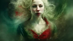 old worn plain canvas, grunge, layered, embossed, double exposure, artistic luminous watercolor, glitter, midground, luminosity, highlights, gold highlights, light effects, dark grey green highlights, portrait of victorian gothic platinum blonde woman, red lips, fluffiness, wind, airy fluttering dress, swirls, layered, blending, textured, 3D, 8K, best quality, fine rendering, high detail, hyperrealism, high resolution, high definition, layered, pin sharp, hyperfocus, vignette