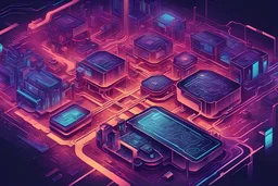 Abstract depiction of a futuristic factory, with connected elements like a computer chip. Make it colorful and stylised. Emphasis on complexity but make it clean and neat. Top down view. A network of abstract iridescent lines and parts that are complex beyond understanding yet somehow simple. Dark themed but some cool colors and a tiny bit of warm colors.