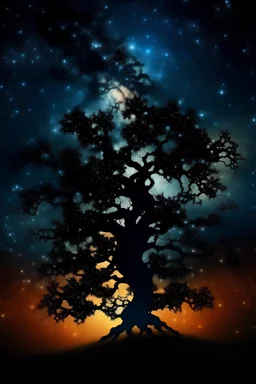 A lone tree silhouetted against a swirling nebula, its branches reaching towards the stars like skeletal fingers.