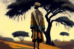 Design, African man, oil painting, featureless, graphic, background, sky, trees, traditional clothes