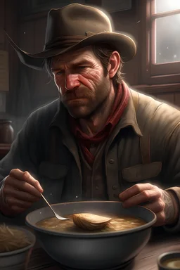 Realistic Arthur Morgan eating ramen