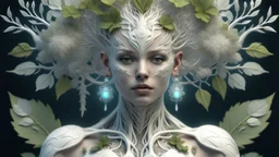 3D render ultra detailed of a beauty white glossy, swoman DRYAD, from knee to head, biomechanical cyborg, analog, 35 mm lens, beautiful natural soft rim light, big leaves and stems, roots, fine foliage lace, colorful details, samourai, earring, heavely tattoed, intricate details, mesh wire, mandelbrot fractal, facial muscles, cable wires, microchip, badass, hyper realistic, ultra detailed, octane render, volumetric lighting, 8k post-production, red and white, detailled metalic bones, semi human