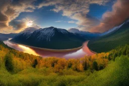 the most beautiful panoramic landscape, oil painting, where the mountains are towering over the valley below their peaks shrouded in mist, the sun is just peeking over the horizon producing an awesome flare and the sky is ablaze with warm colors and stratus clouds. a giant dreamy waterfall creates a river, it is winding its way through the valley and the trees are starting to bloom in a great variety of colors, by greg rutkowski, aerial view