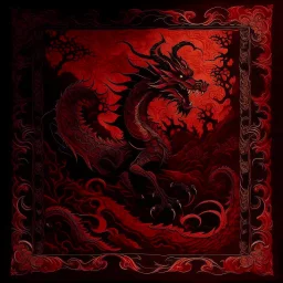 A dark red realm with demonic dragons designed in Navajo woven art painted by Claude Monet