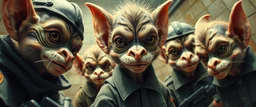 airbrush and pen outline, french art , extreme close up on cheeky fluffy weasel hairy goblin military prison guard troupe news anchor elf family scumbag in the style of Escher and Giger and Fallout 4, pinhole cam, airbrush 3d rendering