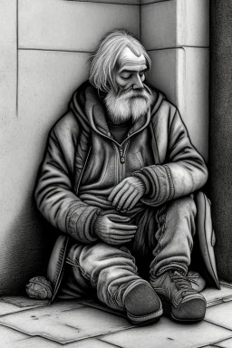 One single mature homeless budgerigar with worn out clothes, sleeping in a corner on the street, Vienna, mourning, model style, hyper realistic, extremely accurate, delicate, extremely detailed, Graphic novel style, wide-angle, open aperture, superfine pencil