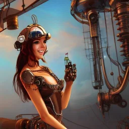 great illustrator, spanish, realistic rendering of a spanish cute girl, beautiful, steampunk style. Helmet with tubes. smiling. Machinery in the background. robotic bird flying. High details. 4k. unreal engine