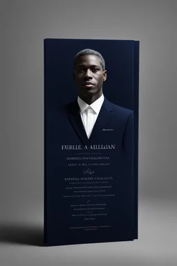 An extremely formal, funeral program for a black man on darkest blue deeply pigmented velvet paper with brilliant, brightest heavy white fonts, simple, minimalistic, less element, very dramatic lighting, detailed, white printers elements,