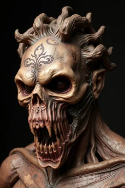 sculpture of dark side of a he man with iron mask . Scary face , decayed and rotting with grotesque proportions and imagery. abstract grotesqueries, detailed texture, surreal horror, biomechanical design, by hr giger and beksinski