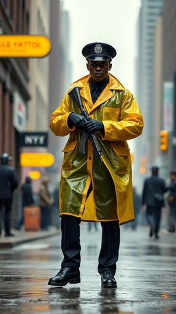 retro nypd full body color 1920 blackmen policeman wtih heavy yellow rain transparent coat with thompson riffle