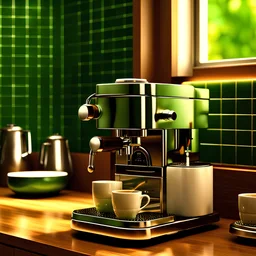 a High resolution hyper realistic octane render 4k photograph of a professional stainless steel with deeply grained wooden knobs and handle espresso machine with steam wand and with syrupy espresso extraction filling up a crystal clear round demitasse cup light steam rising on kitchen counter with deep green glass mosaic tile wall dramatic morning light