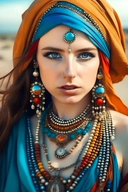 Portrait of Arabic girl on the desert, in turban, heavy makeup, loads of jewellery, painted by in style of mosaics of Turner