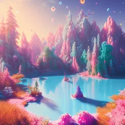 turquoise and pink landscape with multicolored crystals falling from the sky, blue lake, cascades, full of details, smooth, bright sunshine，soft light atmosphere, light effect，vaporwave colorful, concept art, smooth, extremely sharp detail, finely tuned detail, ultra high definition, 8 k, unreal engine 5, ultra sharp focus