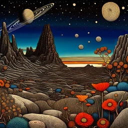 Colourful, peaceful, Max Ernst , night sky filled with galaxies and stars, rock formations with fossils, flowers, one-line drawing, sharp focus, 8k, deep 3d field, intricate, ornate