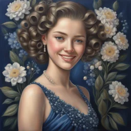 sweet, very fashionable girl, beautiful 20 years old, midnight blue beaded dress, pearl, flowers, light curls, curls, slicked back hair, sweet smile, olive bright eyes, perfect proportions, perfect face, perfect anatomy, perfect hands, sophisticated, backlight , atmospheric, oil painting, pastel pencil, volumetric hyperrealism, over-detailed, photorealistic, professional photography, high quality, clear focus playground