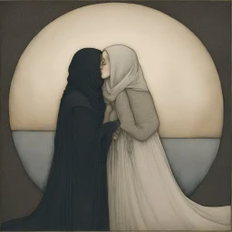 [art by john bauer] Two women, Hijab, Deeply in love, Hug tightly, Share a passionate kiss."