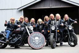 a very hard and tuff motorcycle young gang with golden hair, not old, posing with their Harley Davidsson bikes, some of them holding guns and shotguns, a logo sign with Falköpings HD Club, "Fearless sinners" Skulls and bones, skeletons