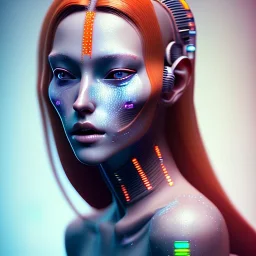 A beautiful portrait of a cute gelly cyberpunk woman happy, grain on the skin, tribal tatoos, orange color scheme, high key lighting, volumetric light high details with white stripe, blender 3D