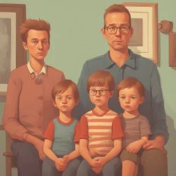 An awkward studio photo of a family, cartoon style Simon Stålenhag