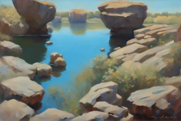 blue sky, rocks, sci-fi, lake, vegetations, friedrich eckenfelder and henry luyten impressionism paintings