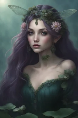 Dark blue hair, Water lilies long hair lotus night Fairy princess rapunzel hair queen crown dragonflies fireflies elven tiara flowers fairy wings gothic dark blue