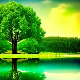 a beautiful green Tree with guitar leaves, in front of a lake, photorealistic