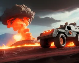 wide angle of Gi joe driving A lunar armored rover with tracks and claw and orange, troops, big Erupting Cloudy volcano, White headlights on flamethrower