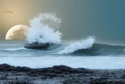 crashing waves under the moon with broken ship