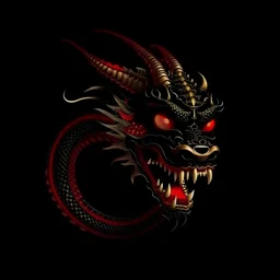 дракон без глаз, черно-красный, фон черный, чешуя дракона видна, дракон в китайском стиле стиле, дракон в полный рост, висит в невесомости, чешуя золотая, на глазах повязка