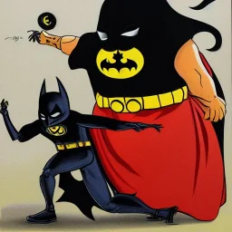 realistic image of a snail with a shell on its back disguised as a batman with a cape and a mask intervening in a fight painted in the style of the painter Miro