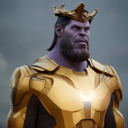 A creature with a combination of eagle and human head God-like man with infinite power who owns the galaxies and wears a beautiful crown with thanos Infinity Gauntlet