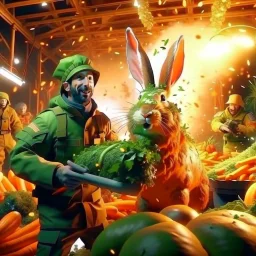 portrait of crazy cook and army officer shooting huge carrots rockets with lightening inside grove with huge fluffy hare with mutations getting blasted by explosions, 4 k, down-light, soft light, depth of field, photo realism, trending on art station, high detail, spray paint