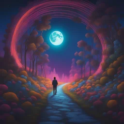 A luminescent Road to the Moon!!!! With a Lonely Man painting of an intricate folk art Neon glow, UV light. fantasy,colorful8k resolution concept art, Greg Rutkowski,SIXMOREVODKA, pastel color, Nighttime Lighting, digital illustration, 4K, Hyperdetailed, Intricate Details, 3D shading, Art of Illusion
