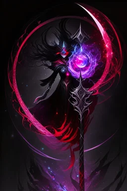 A sorceress evil staff that is a mix colors of red and black crystals and sharp edges, with black aura swirling around it, a black universe color orb in the middle