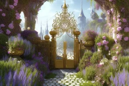 intricate ornate gate, garden, path, flowers, fine detail, high quality, Biopunk, mystical,