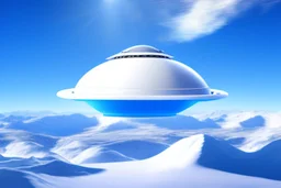 white spaceship flying saucer with background of snow sweety mountains and blu and brightness sky