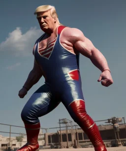 Photo realistic, Wrestler Donald trump, wrestling, American shot, sweat, blood, red breeches, suspenders, retro style, 80s, hot ambient, photo studio, vibrant color, gradient, highly detailed, art stations, concept art, smooth, unreal engine 5, god rays, ray tracing, RTX, lumen lighting, ultra detail, volumetric lighting, 3d, finely drawn, high definition, high resolution.