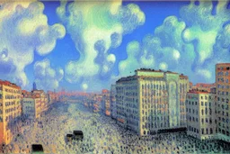 Retrowave city, clouds, camille pissarro painting, konstantin korovin, and retrowave painting