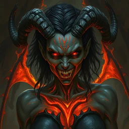 A female eldritch horror being, skin like obsidian with streaks of magma shining through, coal-black hair, rows of sharp white teeth, long flaming horns, greg rutkowski, intricate details, cave setting