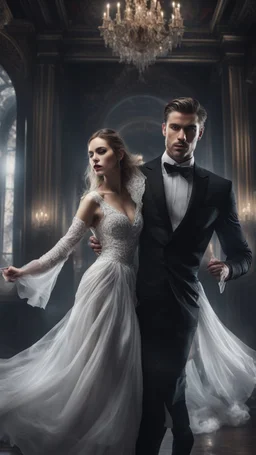 Hyper Realistic close-up-view-of-handsome-muscular-man-in-black-tuxedo dancing with a beautiful-ghost-of-a-women-in-torn-white-gown inside a super-dark-fancy-hall-of-a-mansion with creepy flying-ghosts behind showing dramatic & cinematic ambiance