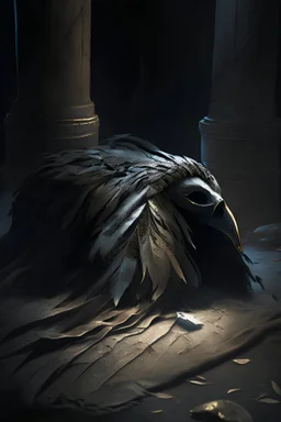 ((An ancient relic from a longlost civilization preserved for centuries in wrappings of delicate linen a mummy lies silently in its tomb its body desiccated and shriveled its oncevibrant features now frozen forever in time)), dark and moody, with intense contrast and warmly lit eyes that give a hint of hope, detailed feathers, Digital painting, Artstation, Matte, Sharp focus, Illustration, Art by loish and ross tran and artgerm, Trending on deviantart.