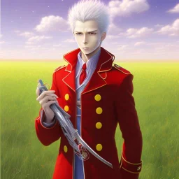 a man in a red coat is standing in a field, concept art by Hiromu Arakawa, featured on pixiv, superflat, official art, anime, 2d