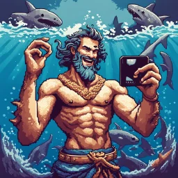 the sea god Poseidon, taking selfie with sharks, smiling, retro pixel art, detailed,