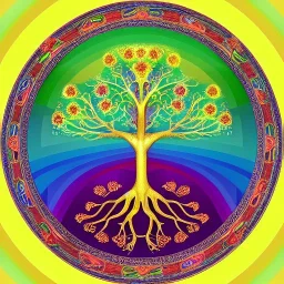 Tree of life in a circular masterpiece, ornate, elaborate, muted rainbow colors as background, Tree of Life, centered, stunning, gorgeous, ultra-fine detail, 8k, sharp, crisp, decorative, high-quality, 3d, photoillustrative, realistic, detailed matte, selina french, anna dittmann, lisa parker, greg rutowski