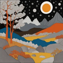 Peaceful, colourful, Max Ernst, Egon Schiele, Hiroshige, night sky filled with galaxies and stars, trees, flowers, rock formations, one-line drawing, sharp focus, 8k, 3d, silver rust