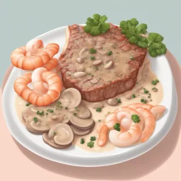 delicious baked steak with mushroom sauce and seafood. illustration 3d style. HD. soft pastel color